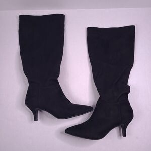 Journee Collection Vellia Below Knee Black Heeled Boots Pointed Toe Faux Suede 6